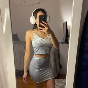 Baby blue velvet skirt and top